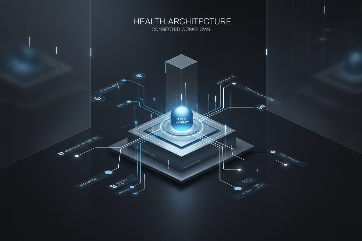 A digital diagram illustrates a health architecture system with a central glowing sphere labeled "Patient Journey" connected to various data workflows.